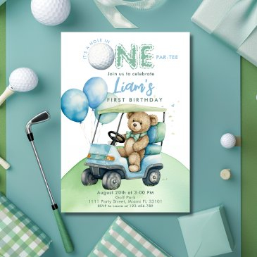 hole in one golf boy first birthday par-tee bear invitation