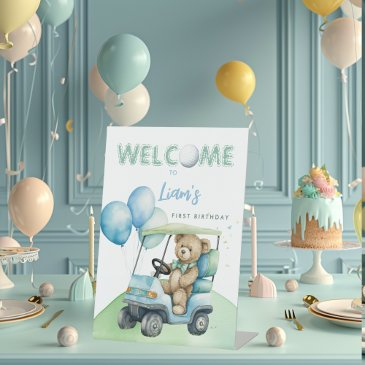 hole in one golf boy first birthday par-tee bear pedestal sign