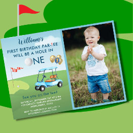 Small Hole In One Photo Boy Golf Par-tee 1st Birthday Invitation Front View