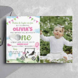 Small Hole In One Pink Girl 1st Birthday Invitation Front View