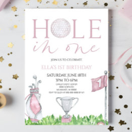 Small Hole In One Pink Golf 1st Birthday Party Invitation Front View