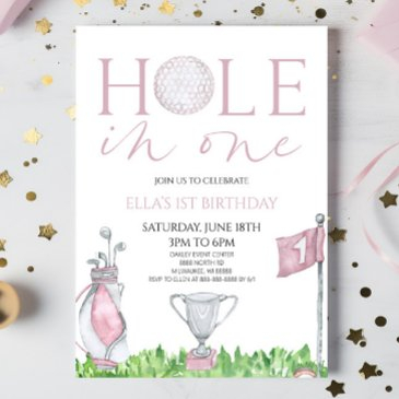 hole in one pink golf 1st birthday party invitation