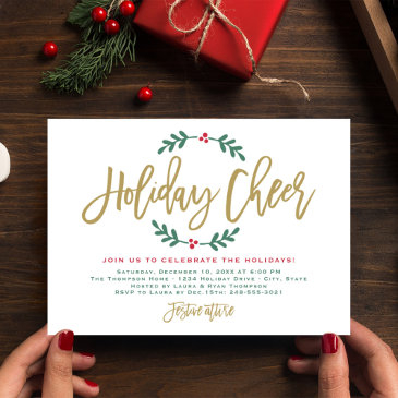 holiday cheer modern gold script christmas party invitation