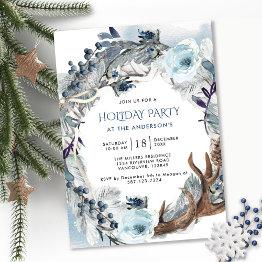 Small Holiday / Christmas Party, Blue And Silver Wreath Invitation Front View