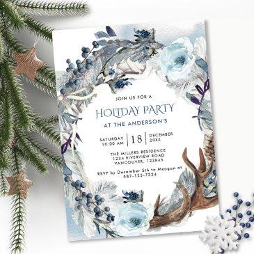holiday / christmas party, blue and silver wreath invitation