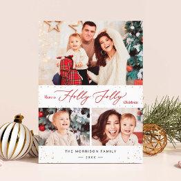 Small Holly Jolly Christmas Chic Gold Confetti 3 Photo Holiday Invitations Front View