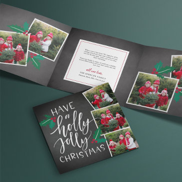 holly jolly | cute rustic multi photo tri-fold holiday invitations