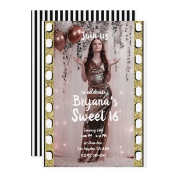 hollywood movie gold glitter film sweet 16 party invitation
