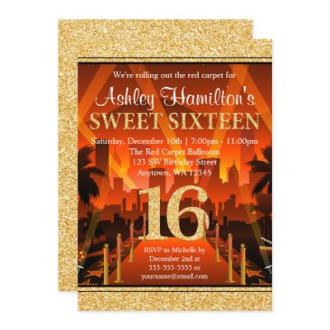 hollywood red carpet city gold glitter sweet 16 invitation