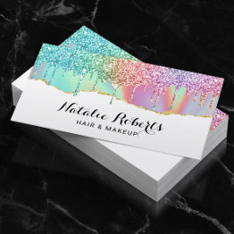 Small Holographic Unicorn Glitter Drips Beauty Salon #2 Business Invitations Front View