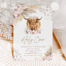 Small Holy Cow I'm One Boho Pampas Highland Cow Birthday Invitation Front View