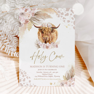 holy cow i'm one boho pampas highland cow birthday invitation
