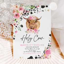 Small Holy Cow I'm One Pink Floral Farm Birthday Party Invitation Front View