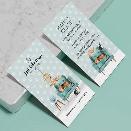 Small Home Pet Sitting Dog & Cat Sleeping On Green Sofa Business Invitations Front View