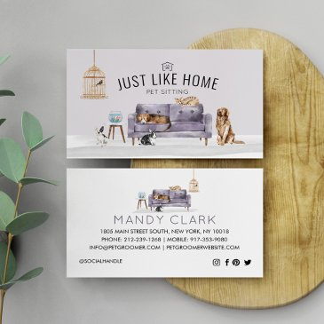 home pet sitting watercolor cozy home mauve couch business invitations