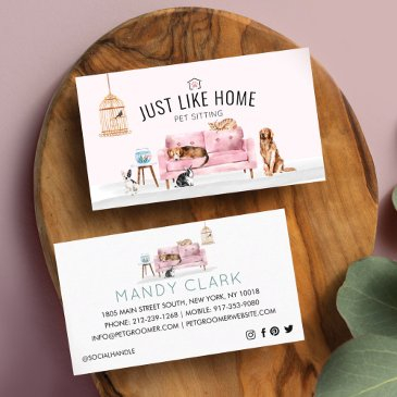 home pet sitting watercolor cozy home pink couch business invitations