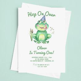 Small Hop On Over Green Frog 1st Birthday Invitation Front View