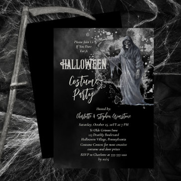 horrific grim reaper halloween costume party invitation
