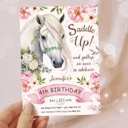 Small Horse Birthday Party Girls Pink 4th Birthday Invitation Front View