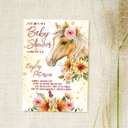 Small Horse Ranch Sunflowers Pink Flowers Baby Shower Invitation Front View