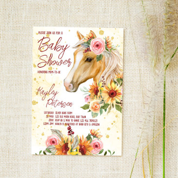 horse ranch sunflowers pink flowers baby shower invitation