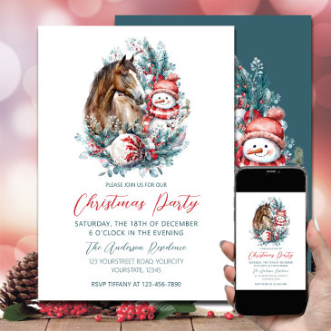 horse snowman christmas watercolor elegant invitation