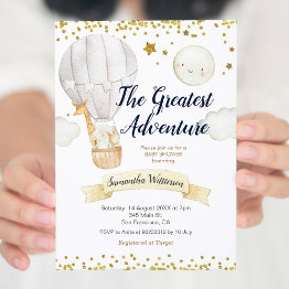 Small Hot Air Balloon The Greatest Adventure Baby Shower Invitation Front View
