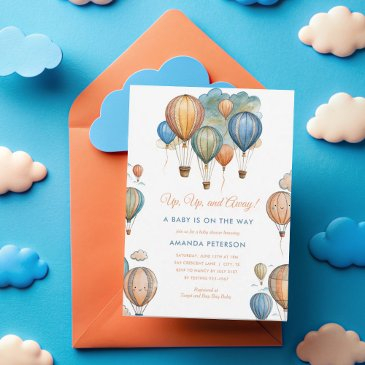 hot air balloons pastel boy travel baby shower invitation