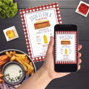 hot dog mustard red gingham 4th of july party invitation