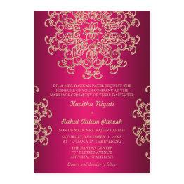 Small Hot Pink And Gold Indian Style Wedding Invitation Front View