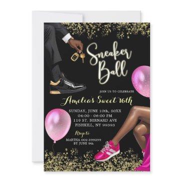 hot pink and gold sneaker ball sweet 16 birthday invitation