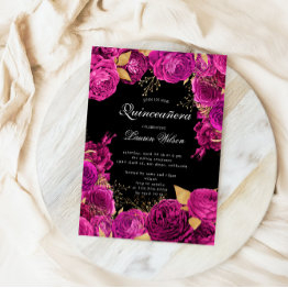 Small Hot Pink Exclusive Floral Photo Quinceanera Invitation Front View
