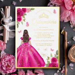 Small Hot Pink Floral Dress Butterfly Quinceanera Gold Foil Invitation Front View