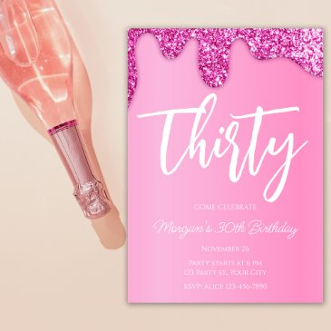 hot pink girly glitter 30th birthday party invitation