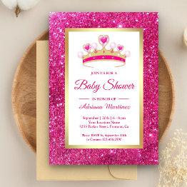 Small Hot Pink Glitter Tiara Princess Baby Shower Invitation Front View