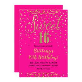 Small Hot Pink & Gold Glitter Modern Sweet 16 Party Invitation Front View
