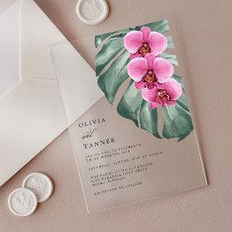 Small Hot Pink Orchids Monstera Tropical Floral Wedding Acrylic Invitations Front View