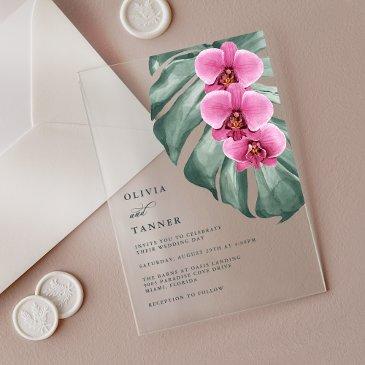 hot pink orchids monstera tropical floral wedding acrylic invitations