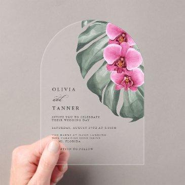 hot pink orchids monstera tropical floral wedding acrylic invitations