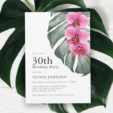 hot pink orchids on monstera 30th birthday party invitation