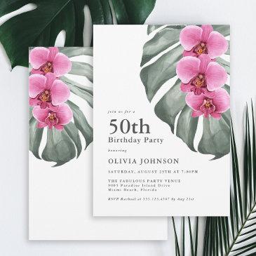 hot pink orchids tropical 50th birthday party invitation