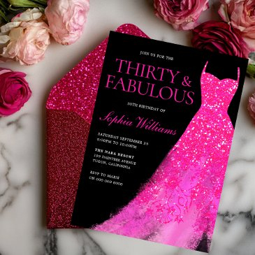 hot pink sparkle dress 30th birthday party black invitation