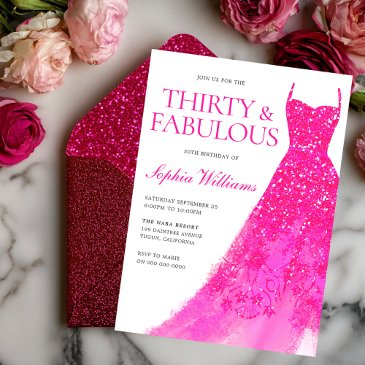 hot pink sparkle dress 30th birthday party invitation