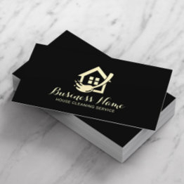 Small House Cleaning Modern Black & Gold Maid Service Business Invitations Front View