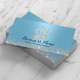 Small House Cleaning Modern Light Blue House & Mop Logo Business Invitations Front View