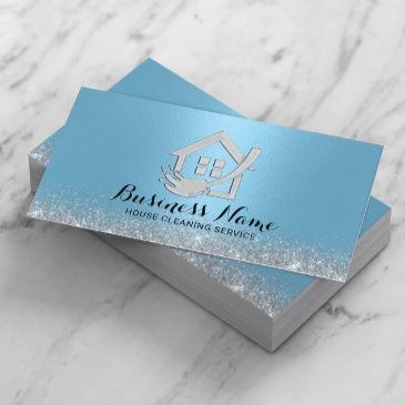 house cleaning modern light blue house & mop logo business invitations