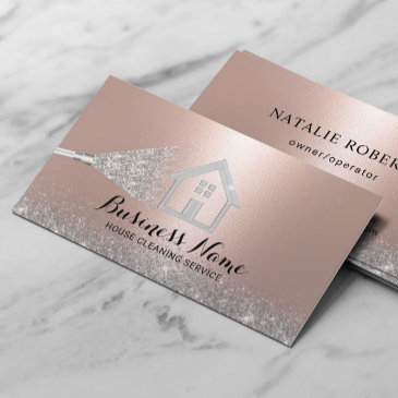house cleaning modern rose gold & silver maid business invitations