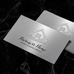 Small House Cleaning Service Modern Silver Metallic Business Invitations Front View