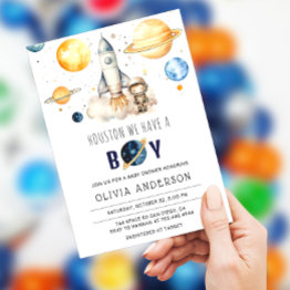 Small Houston We Have A Boy Astronaut Space Baby Shower Invitation Front View
