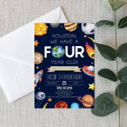 Small Houston We Have A Four Year Old 4th Birthday Party Invitation Front View